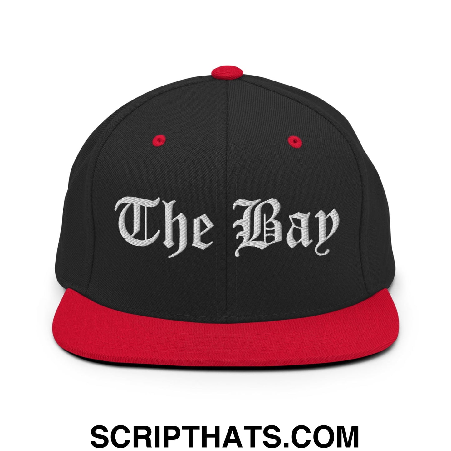 The Bay Old English Embroidered Flat Bill Brim Snapback Hat Black Red