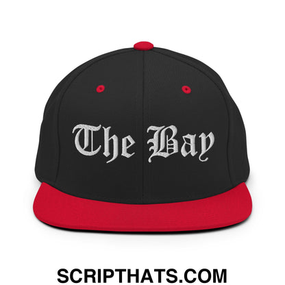 The Bay Old English Embroidered Flat Bill Brim Snapback Hat Black Red