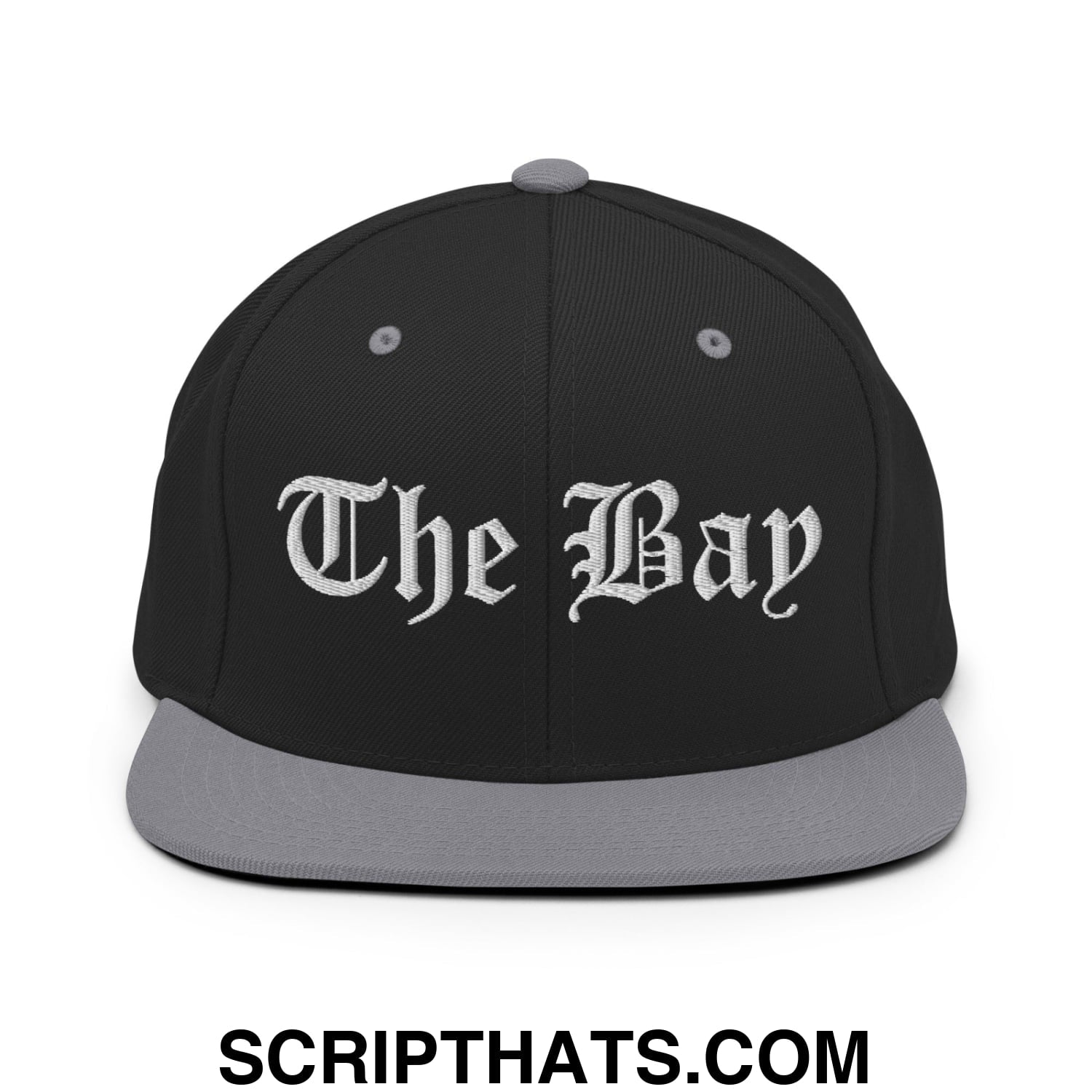 The Bay Old English Embroidered Flat Bill Brim Snapback Hat Black Silver