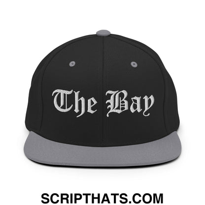 The Bay Old English Embroidered Flat Bill Brim Snapback Hat Black Silver