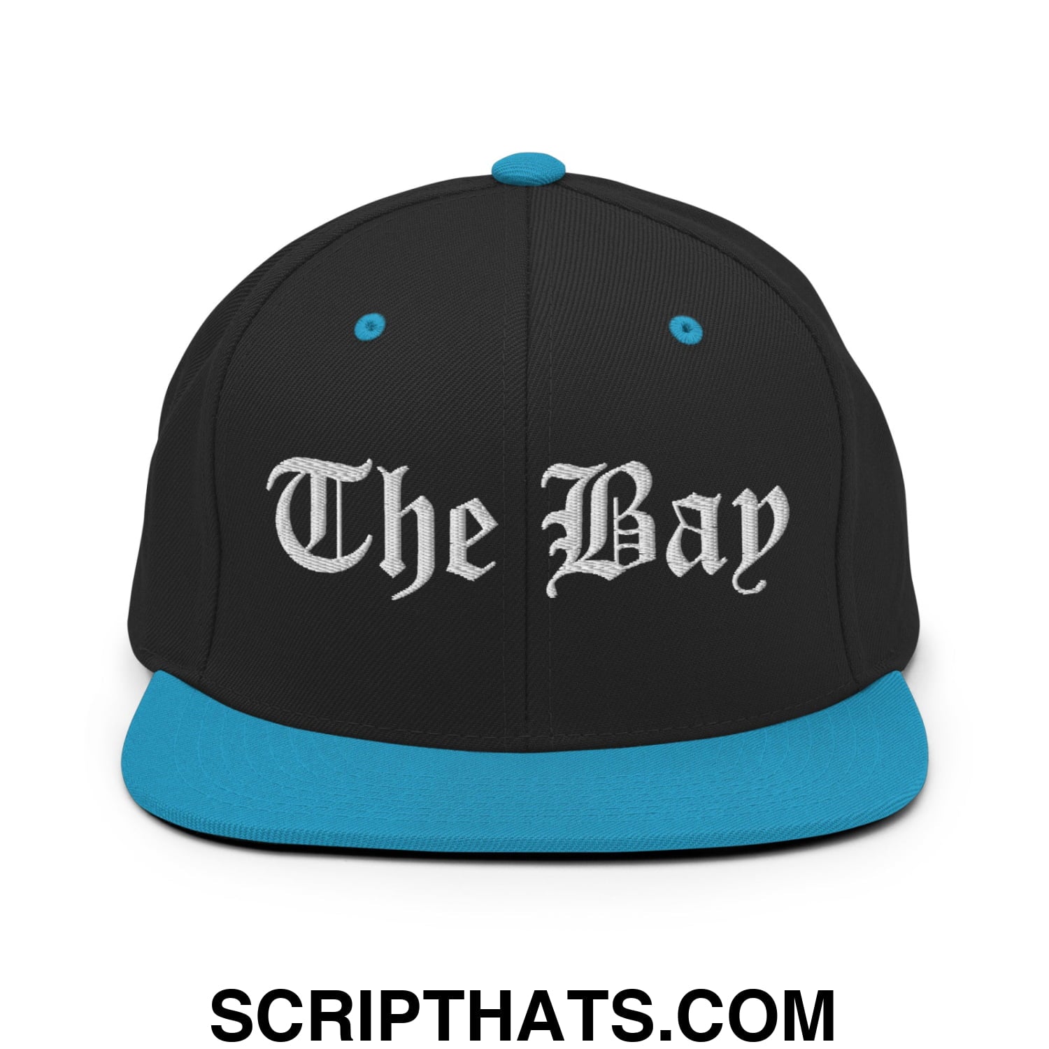 The Bay Old English Embroidered Flat Bill Brim Snapback Hat Black Teal