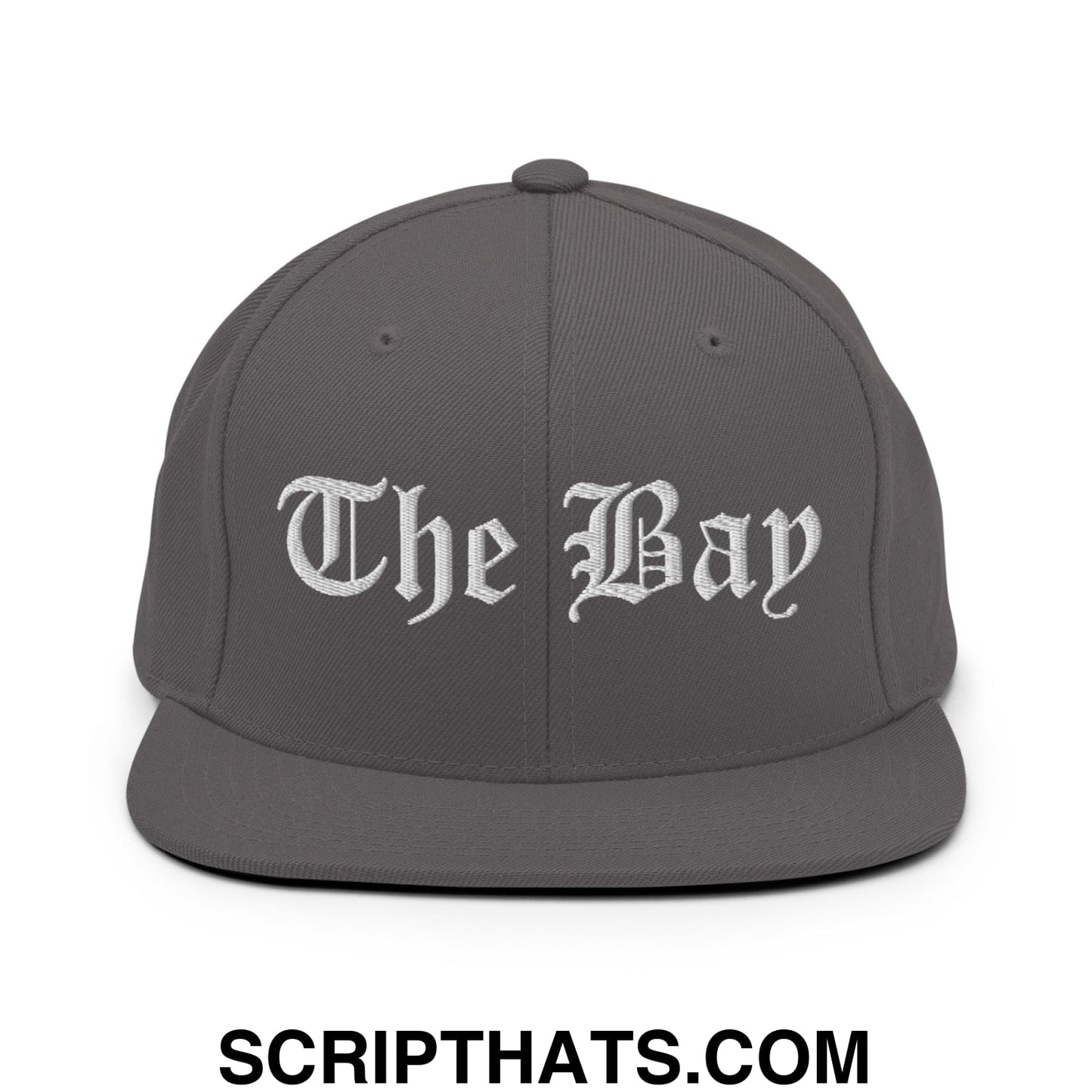 The Bay Old English Embroidered Flat Bill Brim Snapback Hat Dark Grey