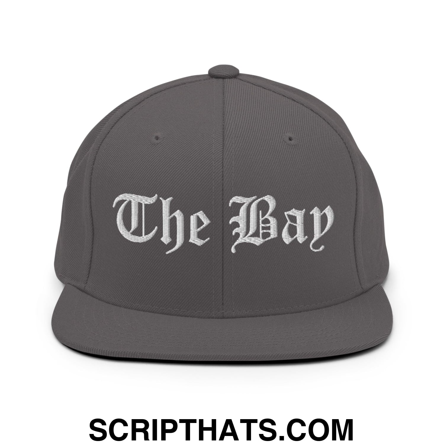 The Bay Old English Embroidered Flat Bill Brim Snapback Hat Dark Grey
