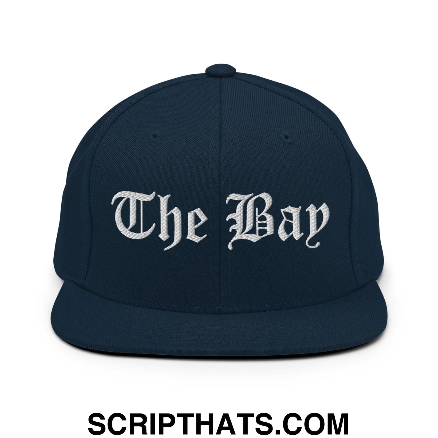 The Bay Old English Embroidered Flat Bill Brim Snapback Hat Dark Navy