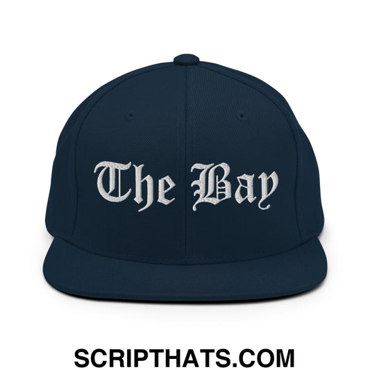 The Bay Old English Embroidered Flat Bill Brim Snapback Hat Dark Navy