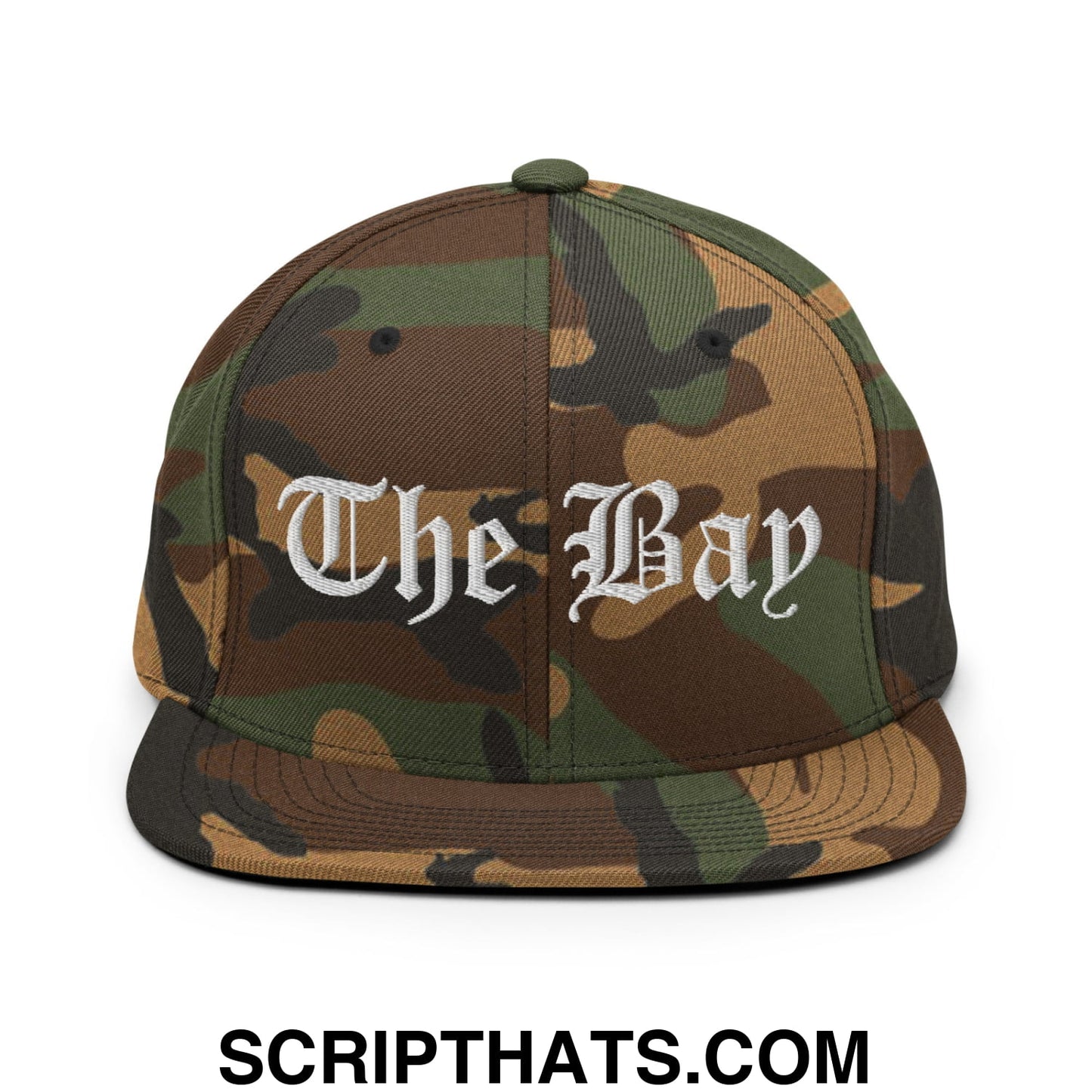 The Bay Old English Embroidered Flat Bill Brim Snapback Hat Green Camo