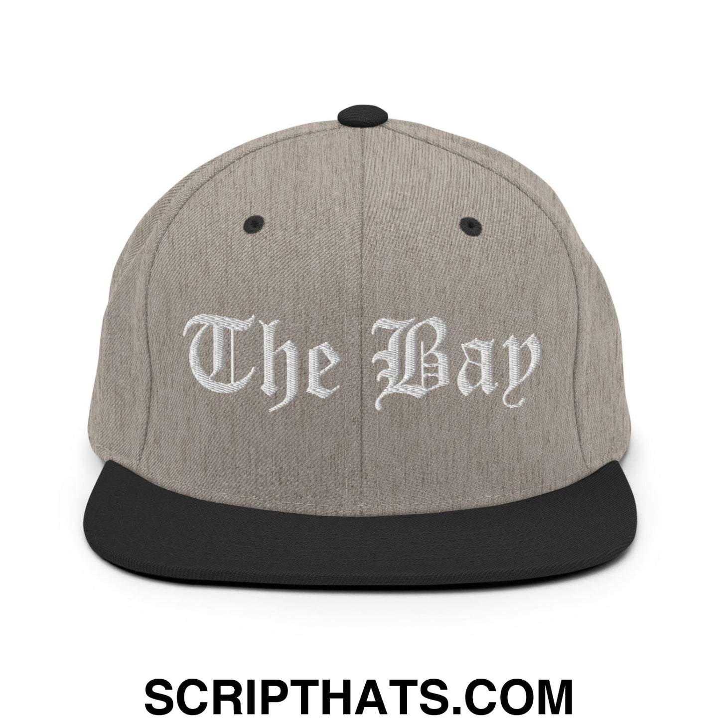 The Bay Old English Embroidered Flat Bill Brim Snapback Hat Heather Black