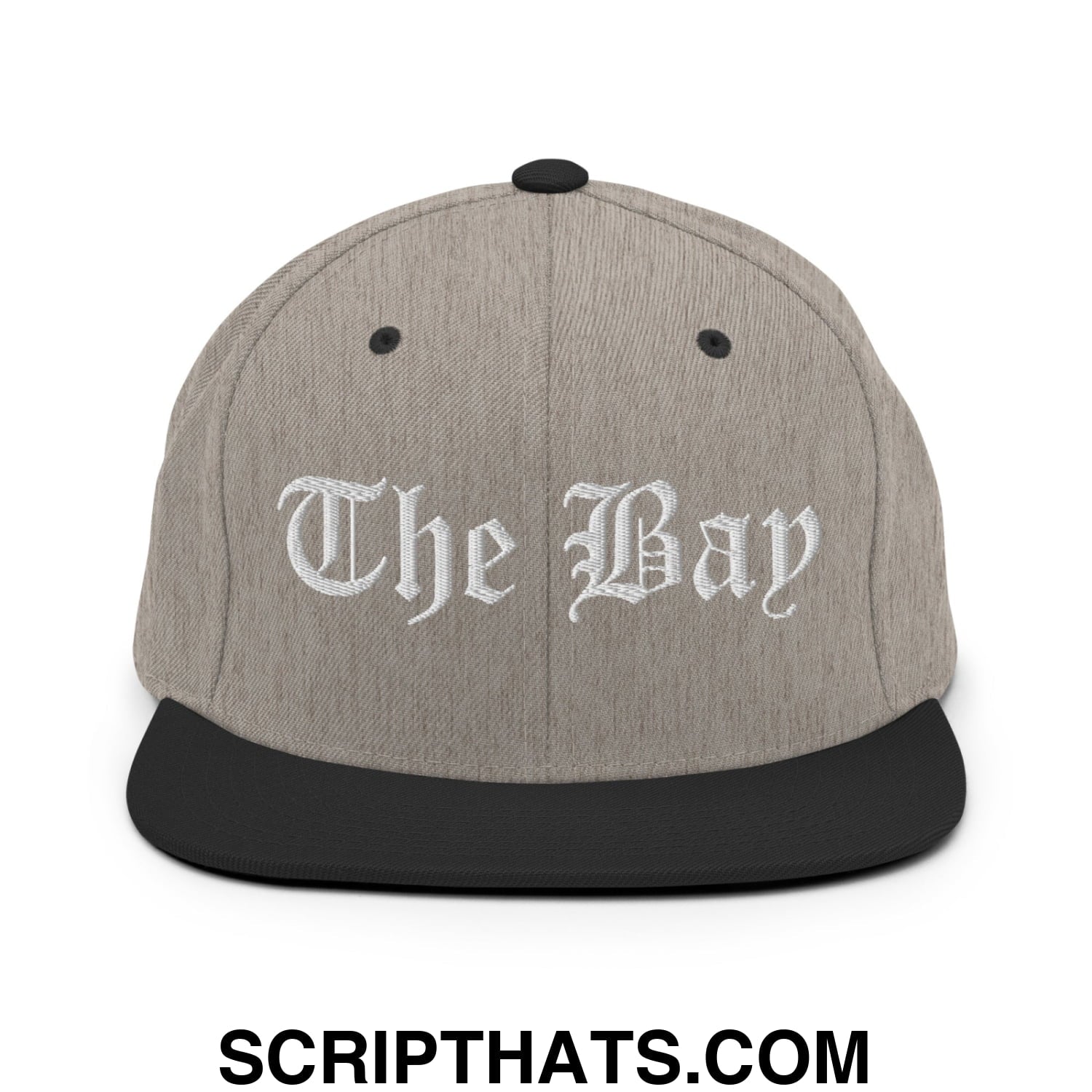 The Bay Old English Embroidered Flat Bill Brim Snapback Hat Heather Black