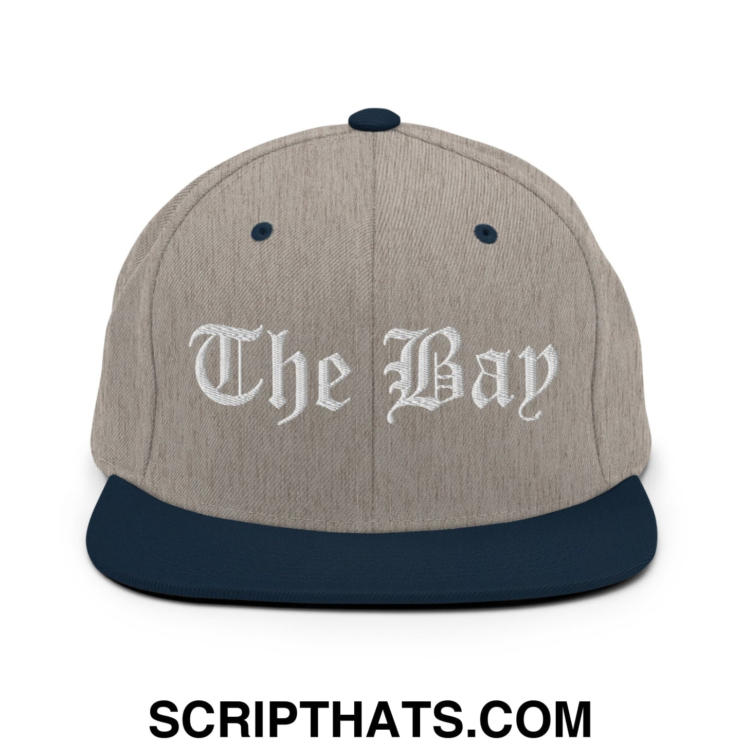 The Bay Old English Embroidered Flat Bill Brim Snapback Hat Heather Grey Navy