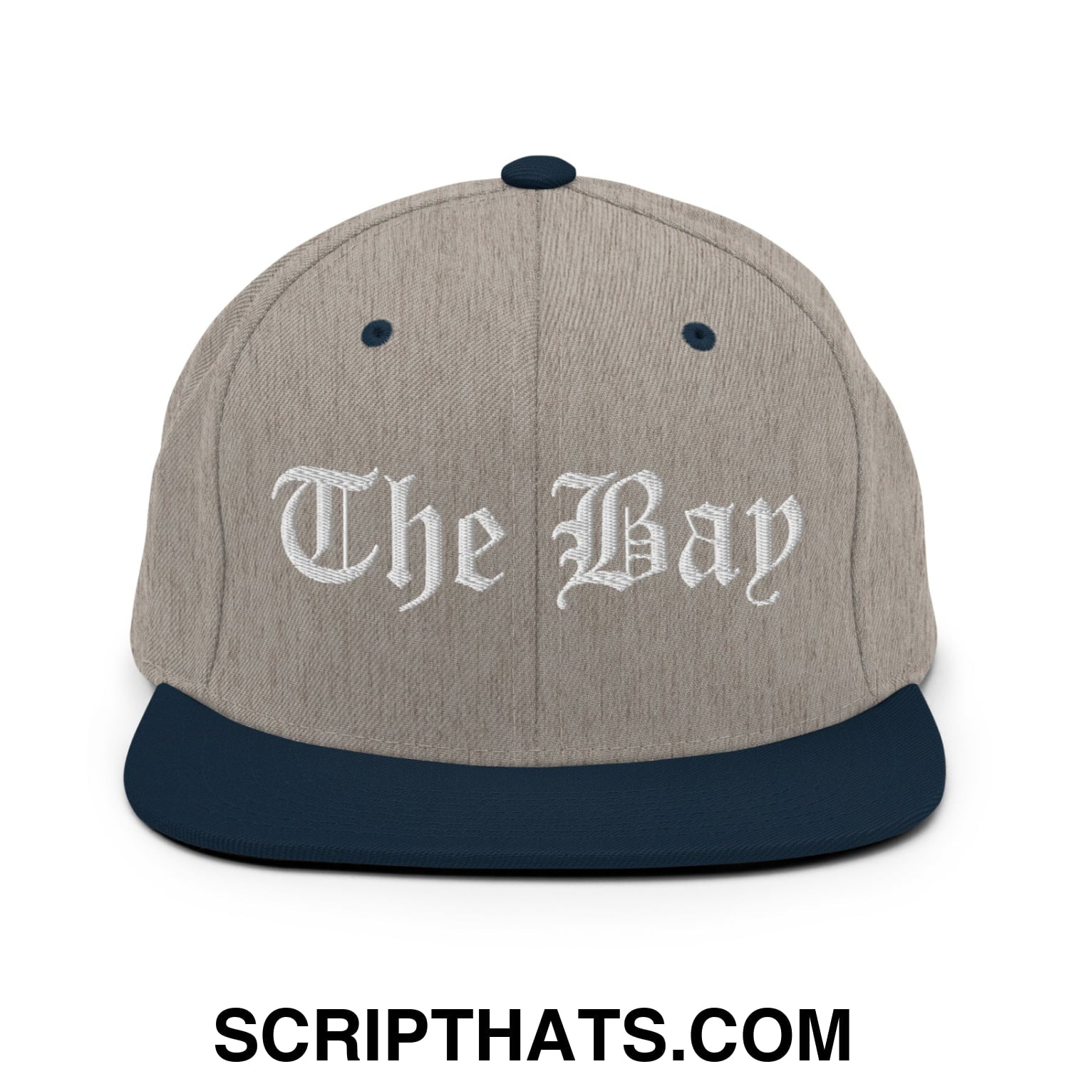 The Bay Old English Embroidered Flat Bill Brim Snapback Hat Heather Grey Navy