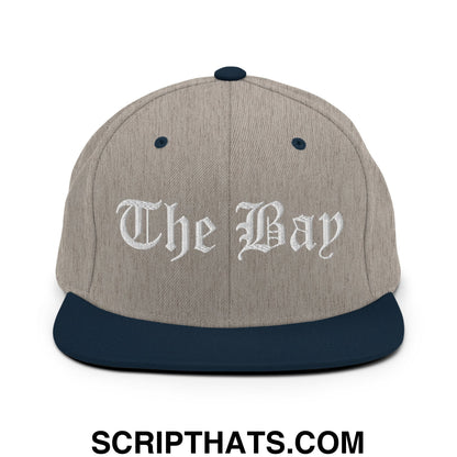 The Bay Old English Embroidered Flat Bill Brim Snapback Hat Heather Grey Navy