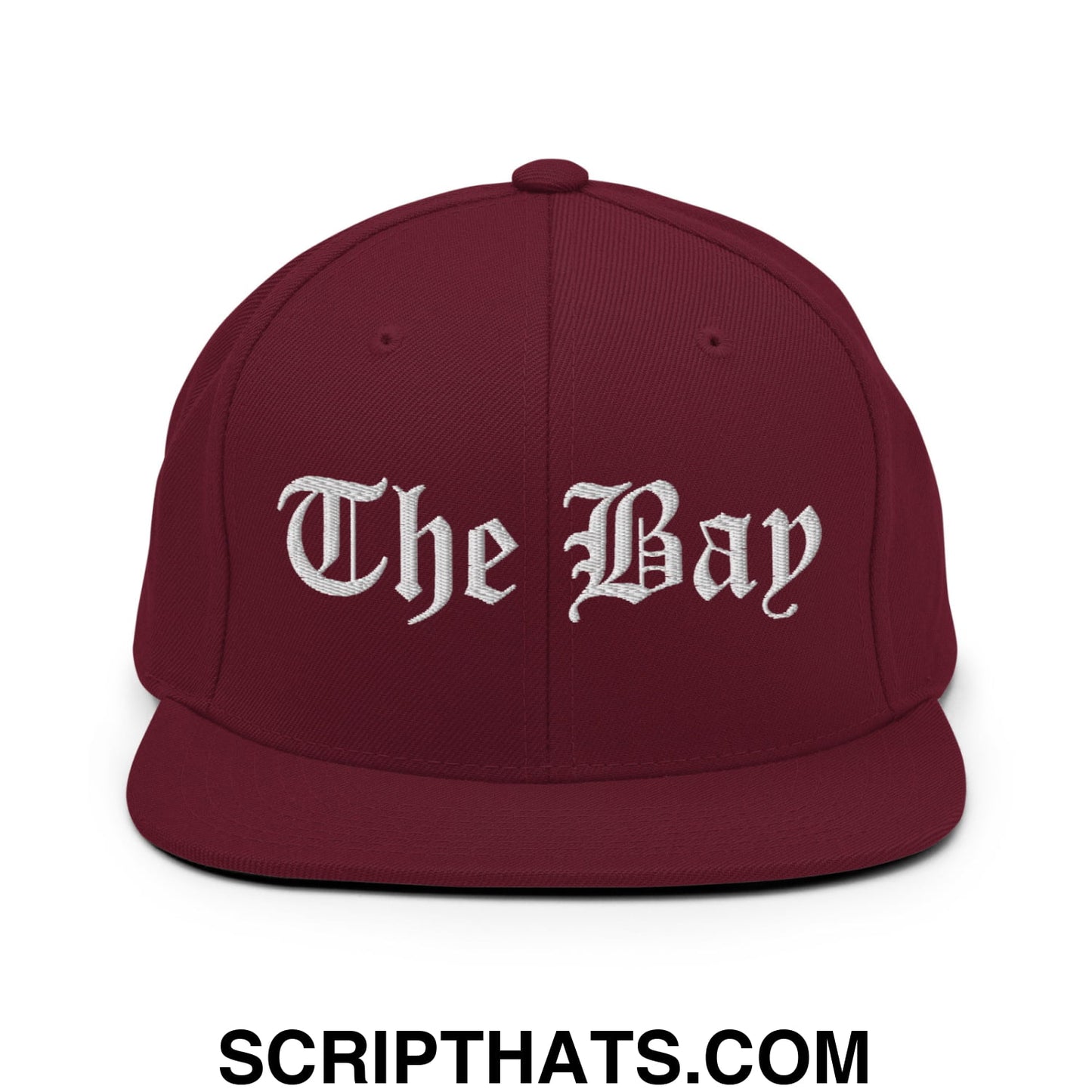 The Bay Old English Embroidered Flat Bill Brim Snapback Hat Maroon