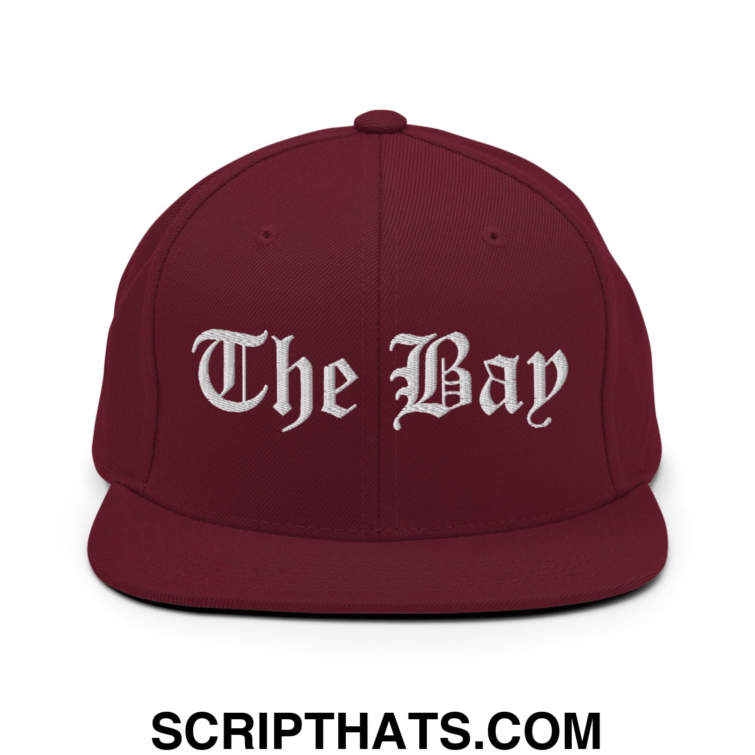 The Bay Old English Embroidered Flat Bill Brim Snapback Hat Maroon