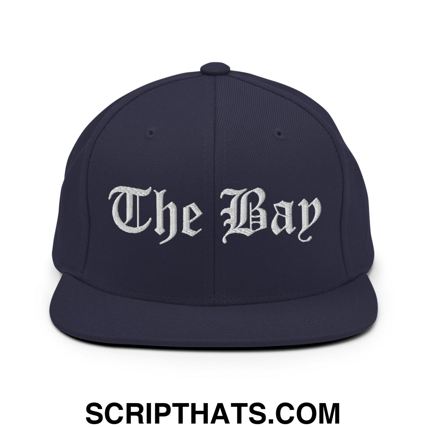 The Bay Old English Embroidered Flat Bill Brim Snapback Hat Navy