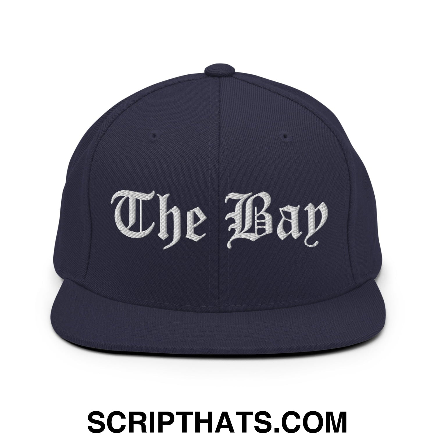 The Bay Old English Embroidered Flat Bill Brim Snapback Hat Navy