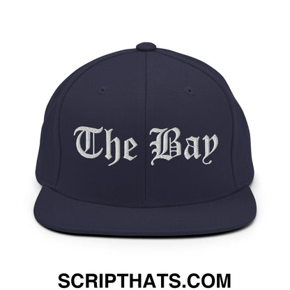 The Bay Old English Embroidered Flat Bill Brim Snapback Hat Navy