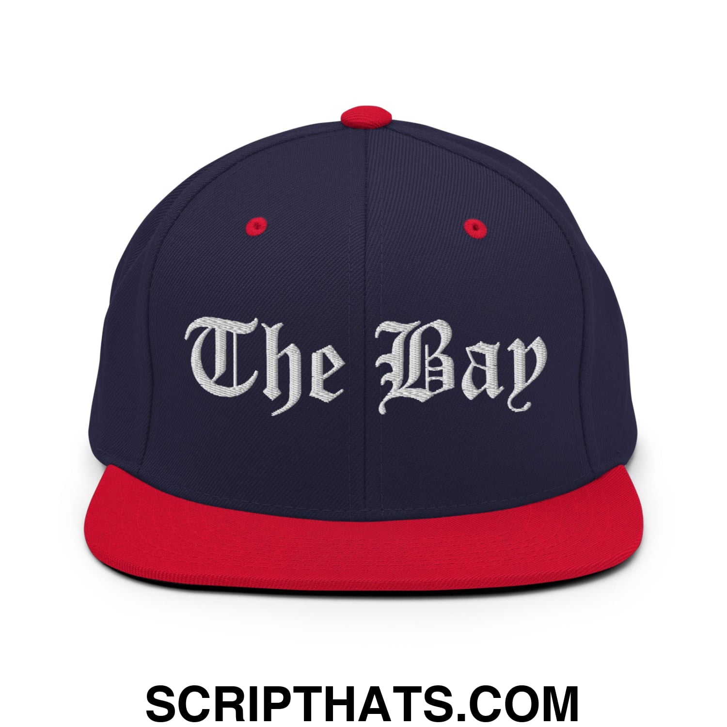 The Bay Old English Embroidered Flat Bill Brim Snapback Hat Navy Red