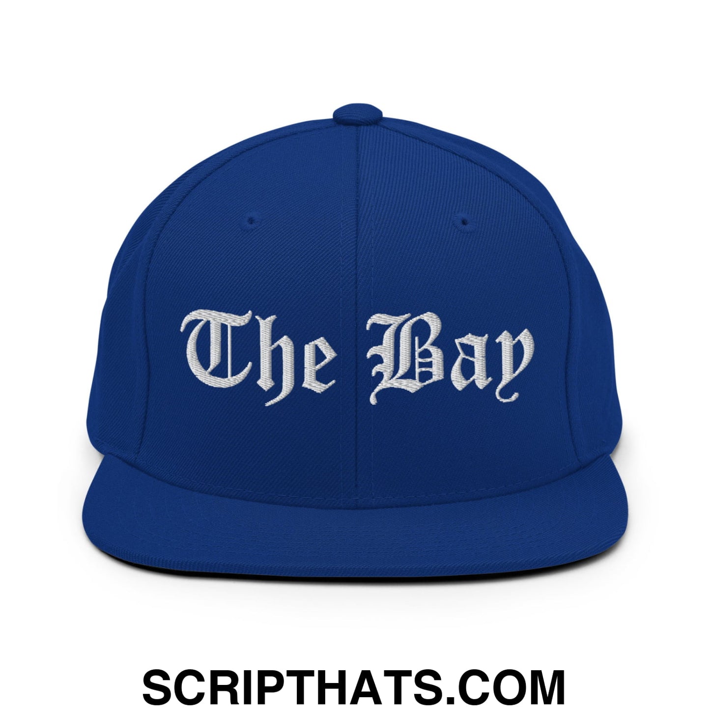 The Bay Old English Embroidered Flat Bill Brim Snapback Hat Royal Blue