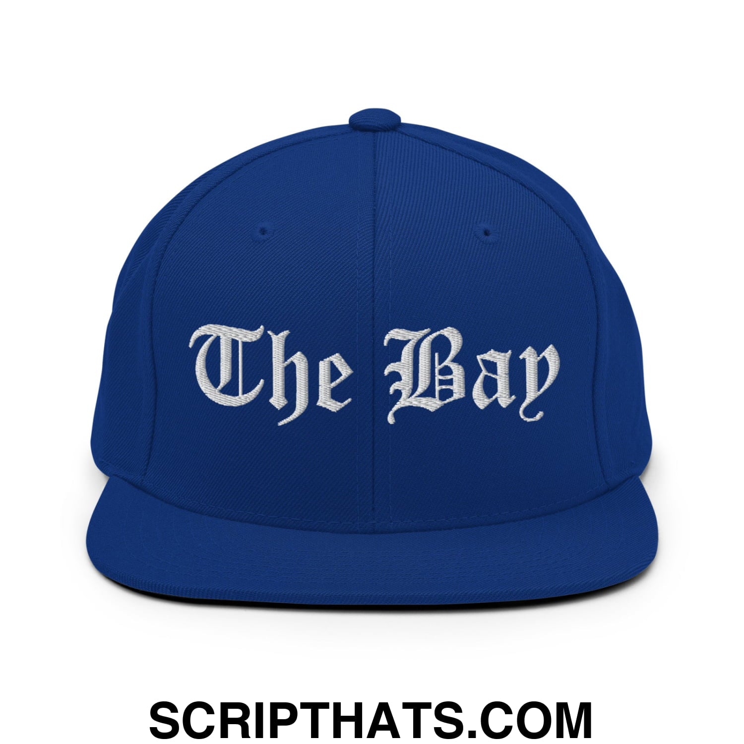 The Bay Old English Embroidered Flat Bill Brim Snapback Hat Royal Blue