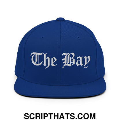 The Bay Old English Embroidered Flat Bill Brim Snapback Hat Royal Blue