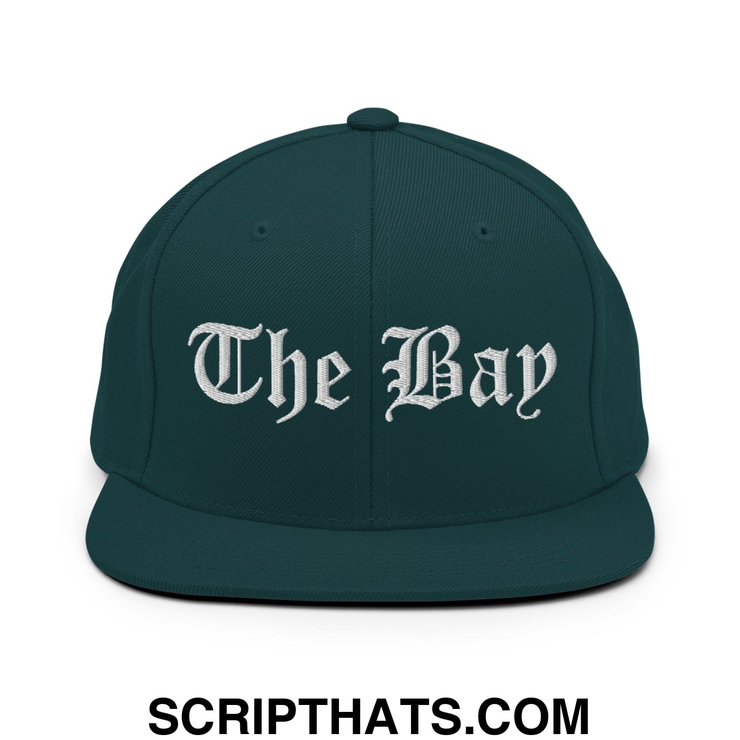 The Bay Old English Embroidered Flat Bill Brim Snapback Hat Spruce