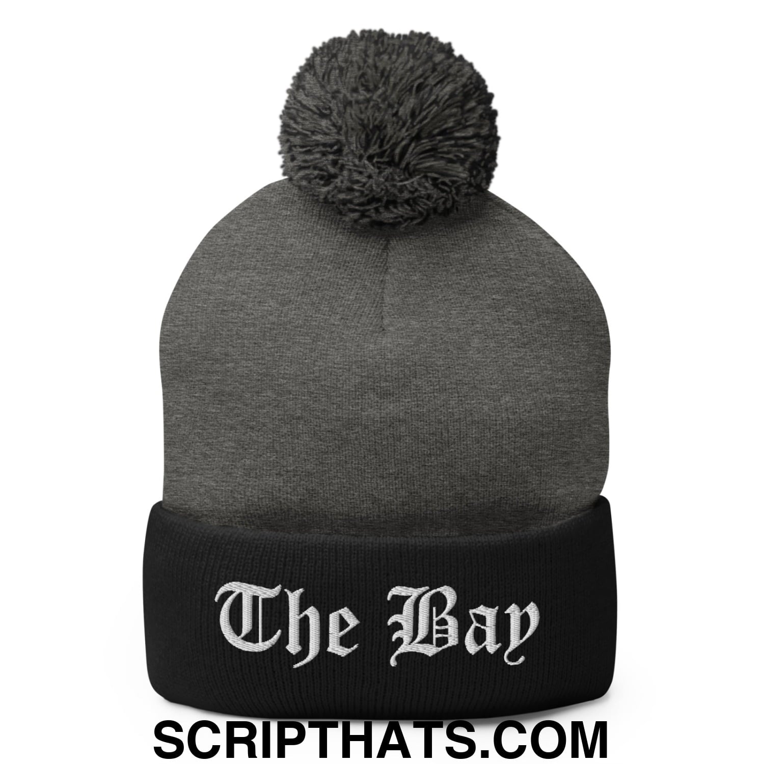The Bay Old English Embroidered Knit Pom Pom Beanie Dark Heather Grey Black