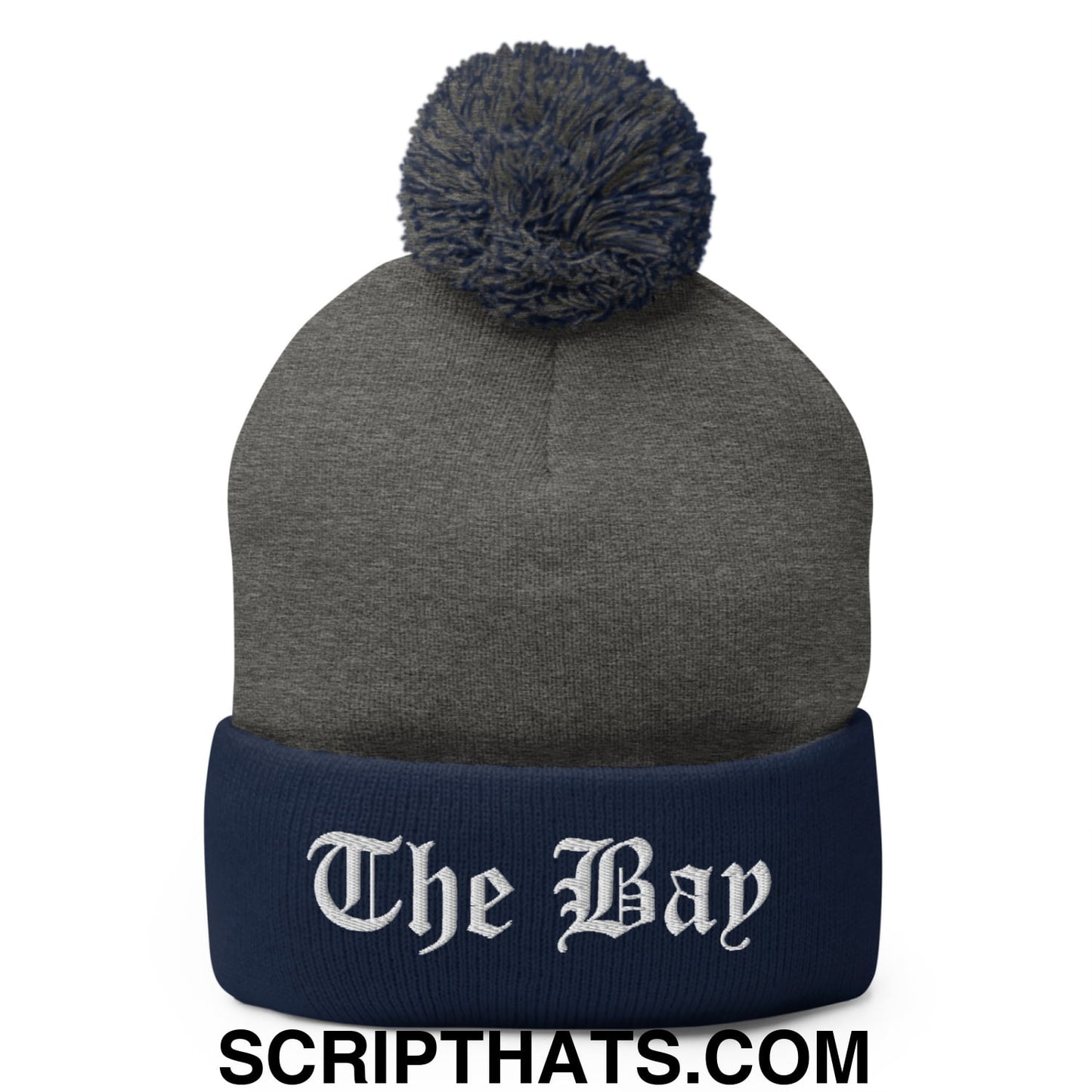 The Bay Old English Embroidered Knit Pom Pom Beanie Dark Heather Grey Navy