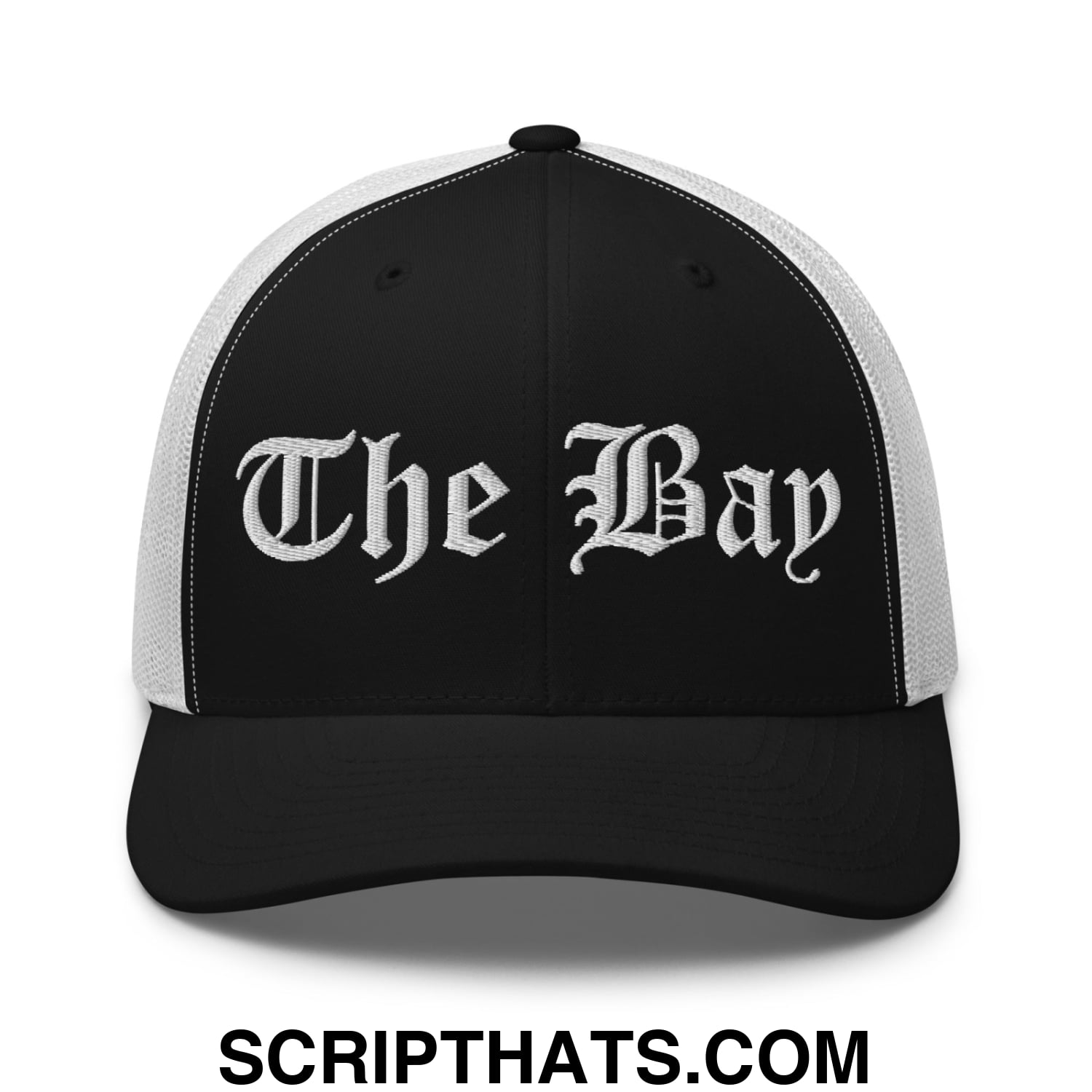 The Bay Old English Embroidered Mesh Trucker Hat Black White