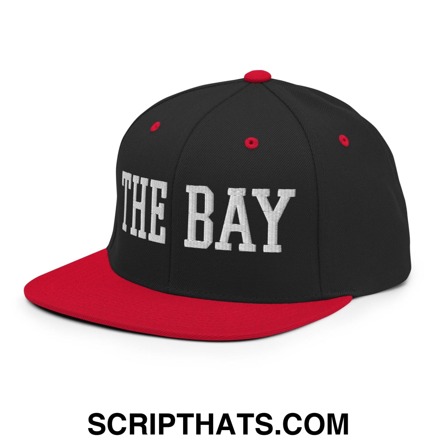 The Bay Varsity College Block Embroidered Flat Bill Brim Snapback Hat Black Red