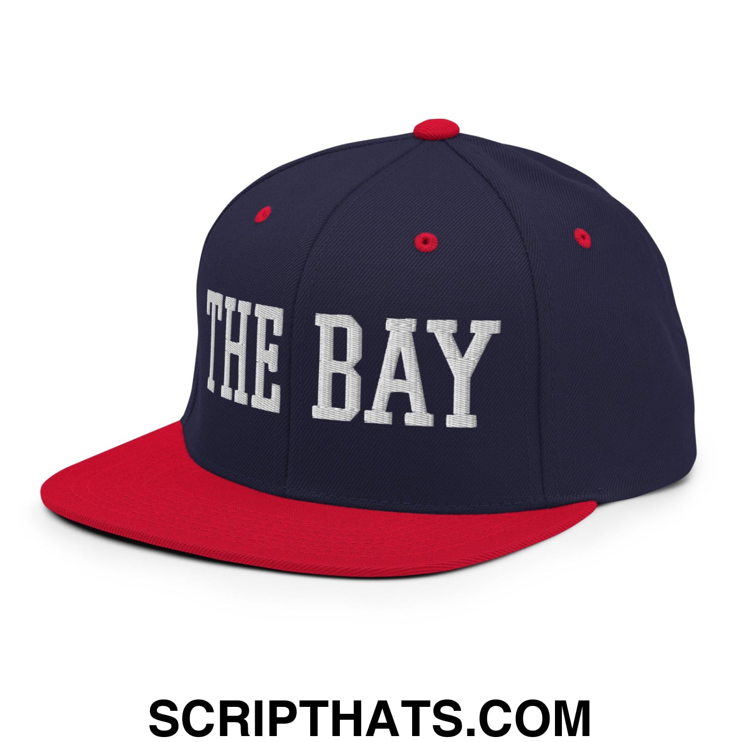 The Bay Varsity College Block Embroidered Flat Bill Brim Snapback Hat Navy Red
