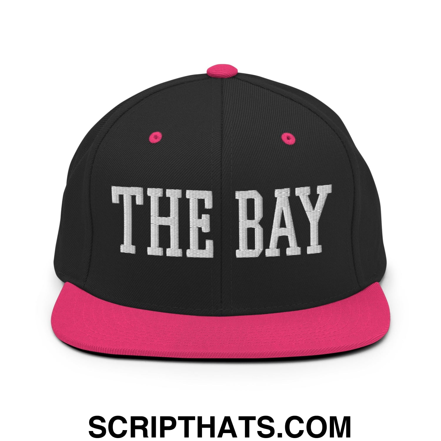 The Bay Varsity College Block Embroidered Flat Bill Brim Snapback Hat Black Neon Pink