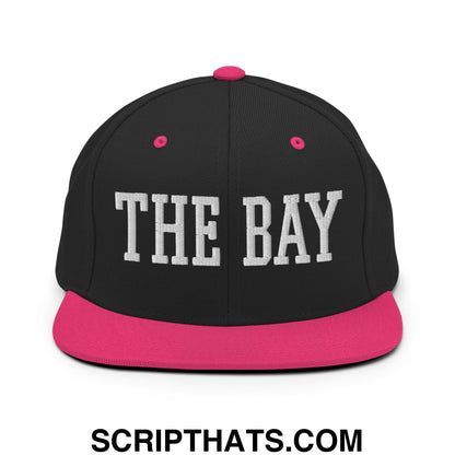 The Bay Varsity College Block Embroidered Flat Bill Brim Snapback Hat Black Neon Pink