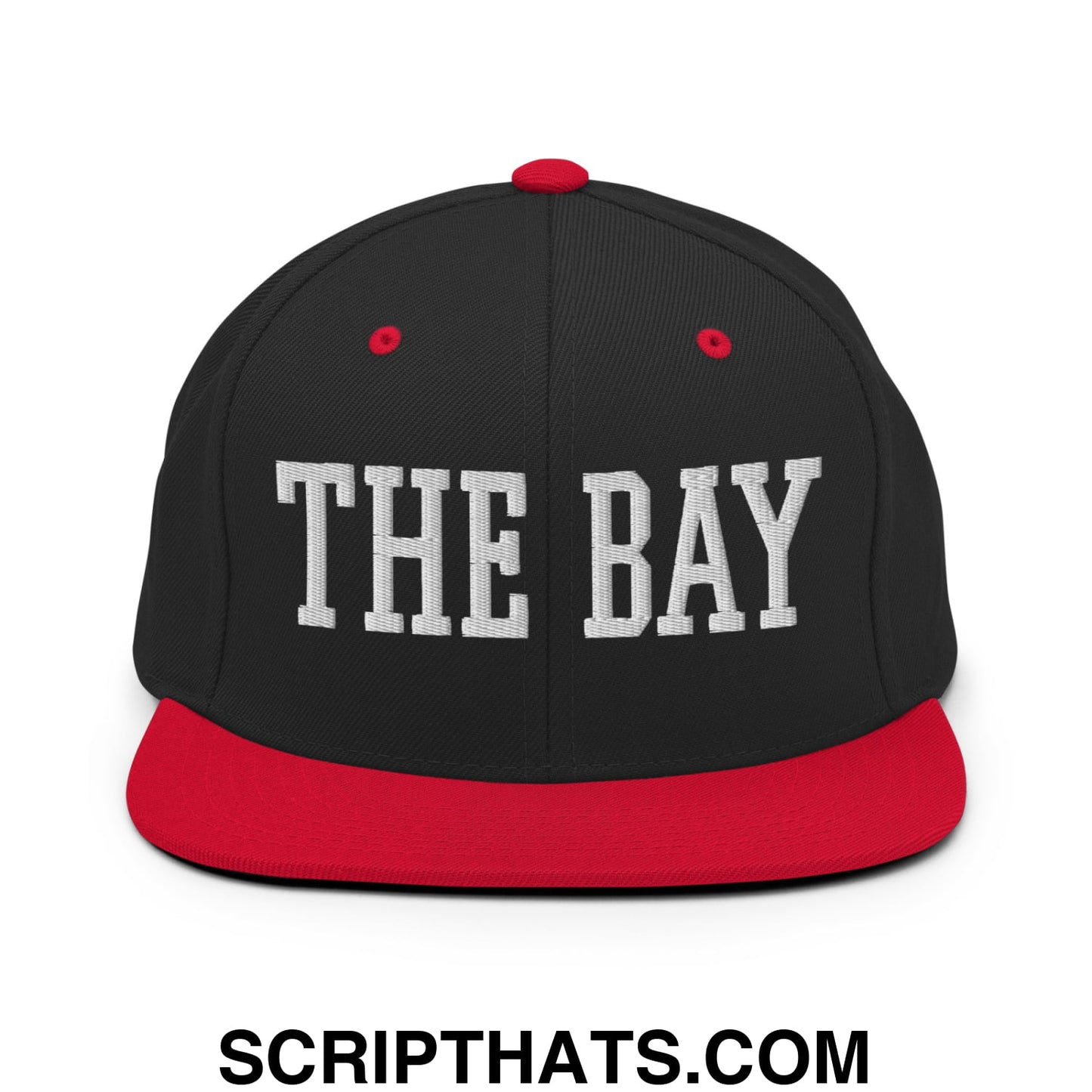 The Bay Varsity College Block Embroidered Flat Bill Brim Snapback Hat Black Red