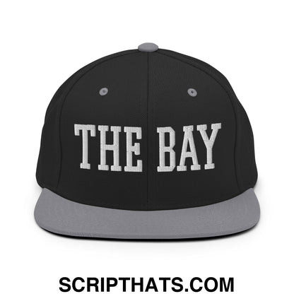 The Bay Varsity College Block Embroidered Flat Bill Brim Snapback Hat Black Silver