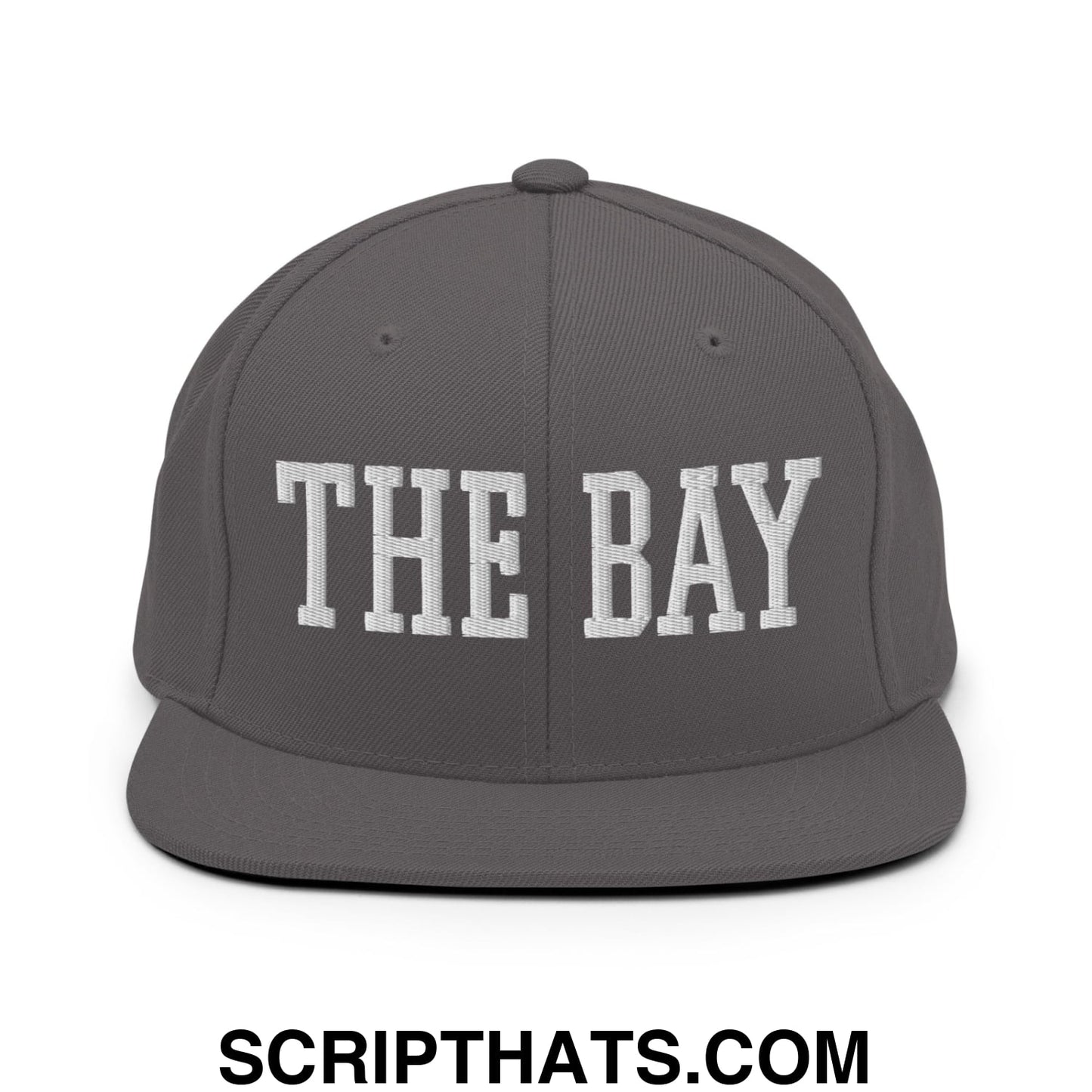The Bay Varsity College Block Embroidered Flat Bill Brim Snapback Hat Dark Grey