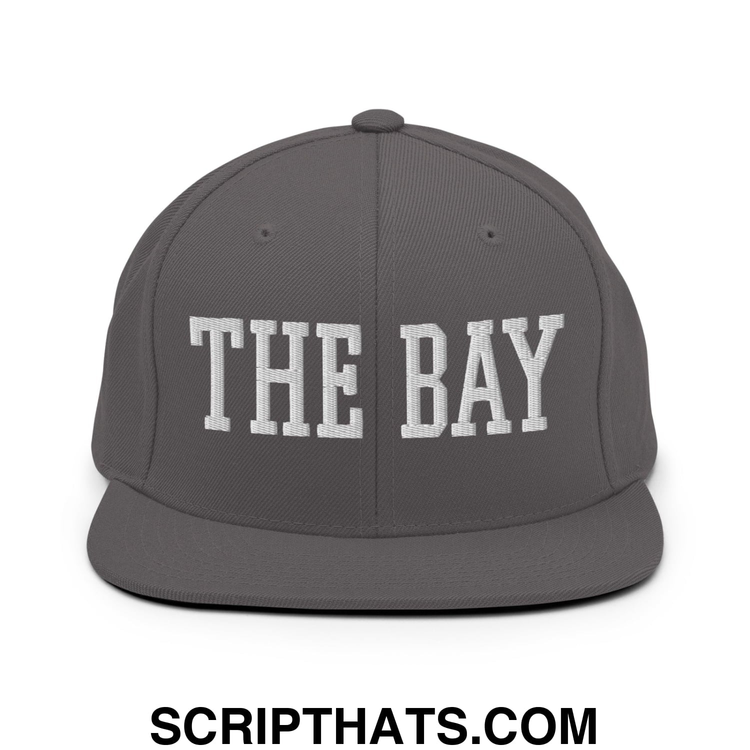 The Bay Varsity College Block Embroidered Flat Bill Brim Snapback Hat Dark Grey