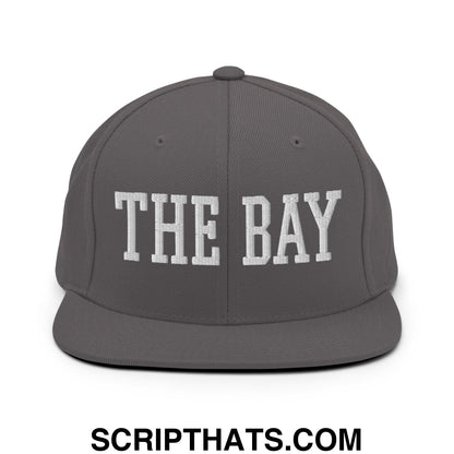 The Bay Varsity College Block Embroidered Flat Bill Brim Snapback Hat Dark Grey