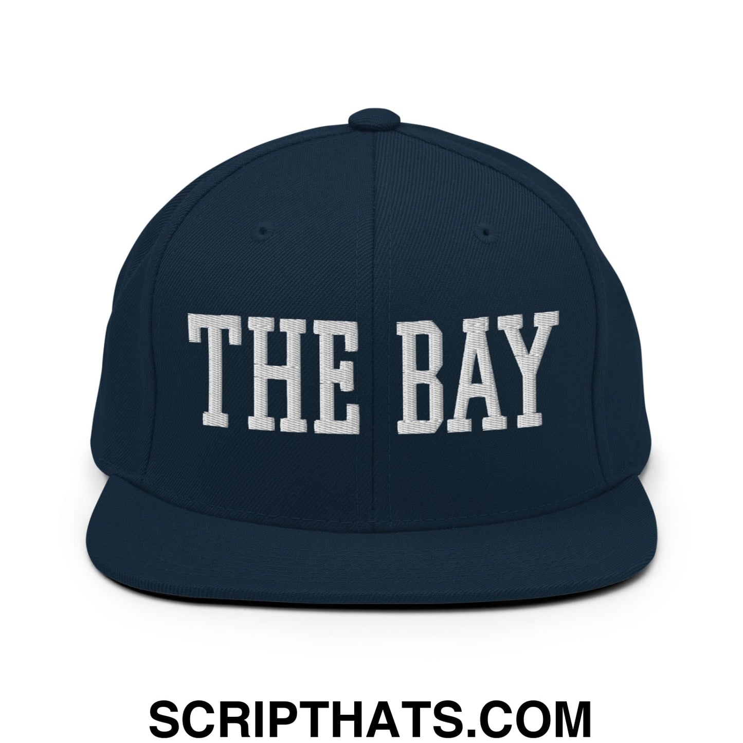 The Bay Varsity College Block Embroidered Flat Bill Brim Snapback Hat Dark Navy