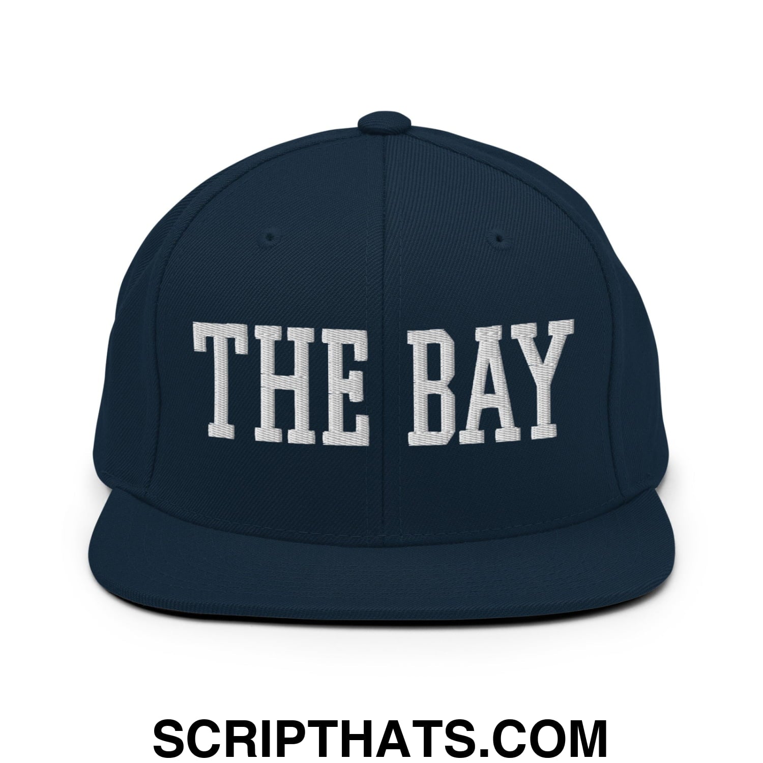 The Bay Varsity College Block Embroidered Flat Bill Brim Snapback Hat Dark Navy