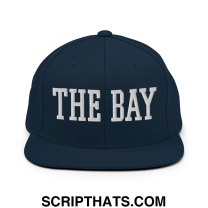 The Bay Varsity College Block Embroidered Flat Bill Brim Snapback Hat Dark Navy