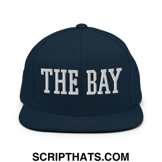 The Bay Varsity College Block Embroidered Flat Bill Brim Snapback Hat Dark Navy