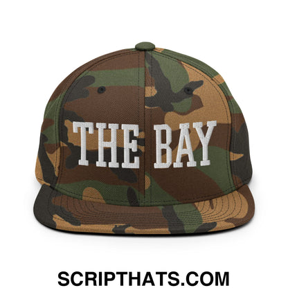 The Bay Varsity College Block Embroidered Flat Bill Brim Snapback Hat Green Camo