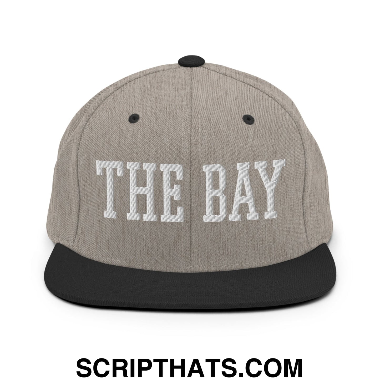 The Bay Varsity College Block Embroidered Flat Bill Brim Snapback Hat Heather Black