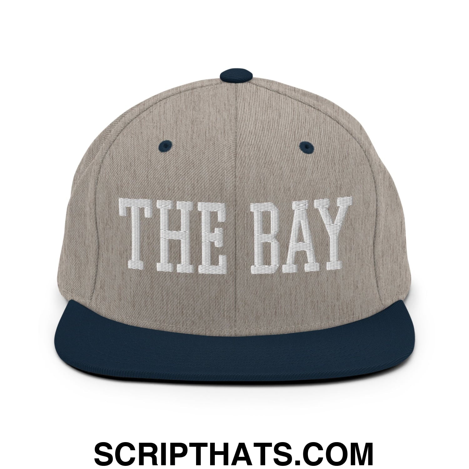 The Bay Varsity College Block Embroidered Flat Bill Brim Snapback Hat Heather Grey Navy