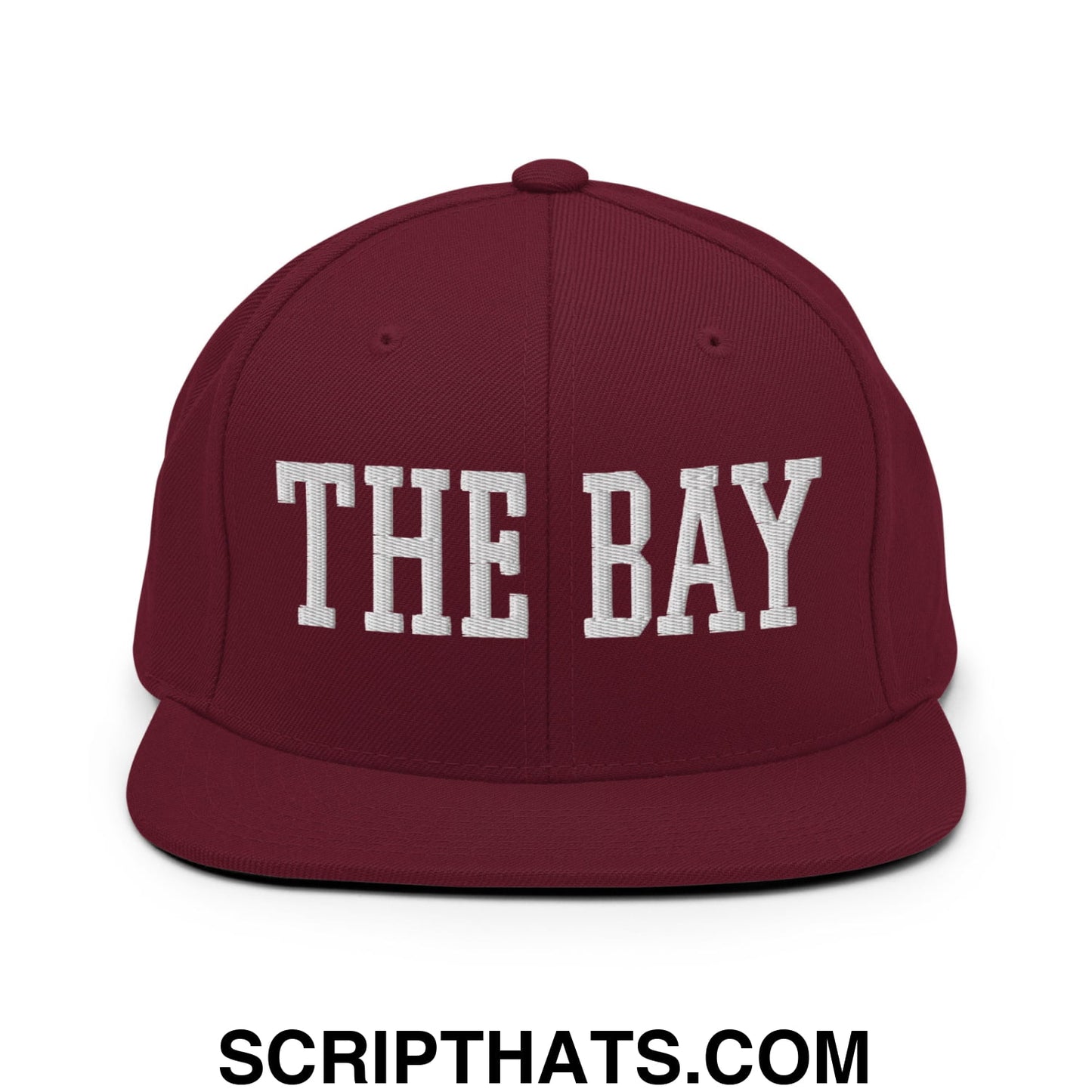 The Bay Varsity College Block Embroidered Flat Bill Brim Snapback Hat Maroon