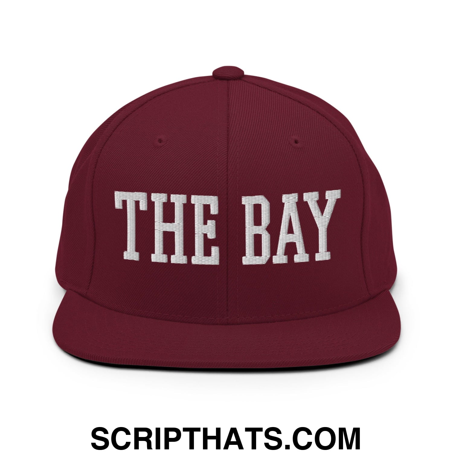 The Bay Varsity College Block Embroidered Flat Bill Brim Snapback Hat Maroon