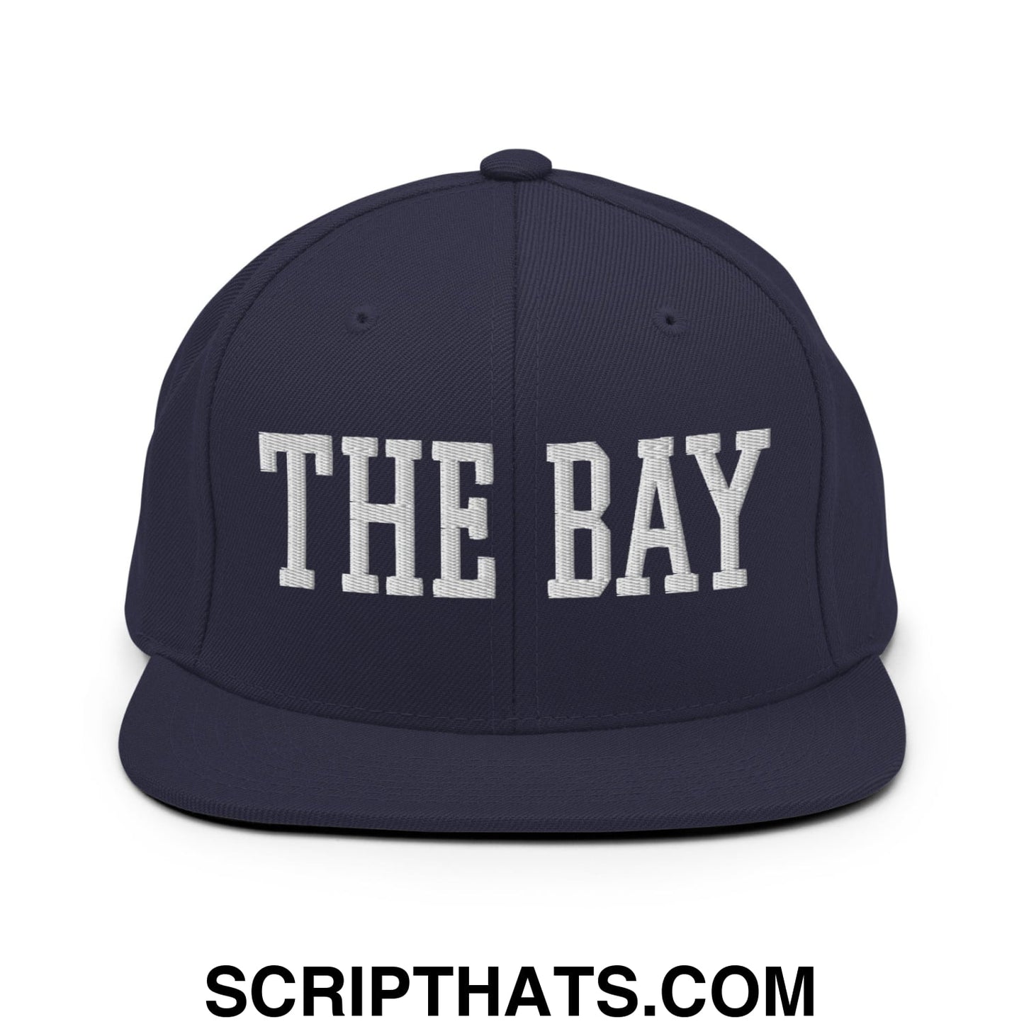 The Bay Varsity College Block Embroidered Flat Bill Brim Snapback Hat Navy