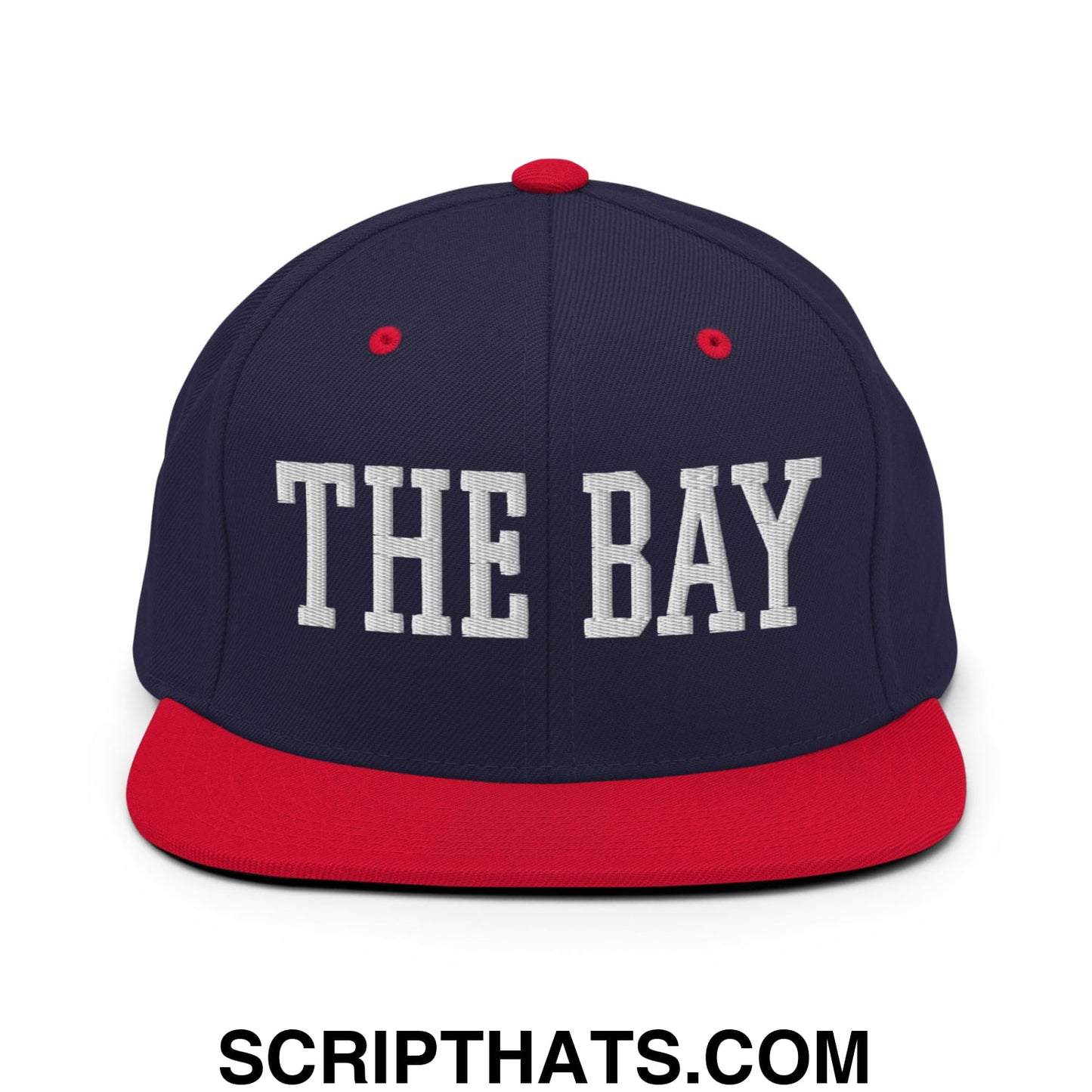 The Bay Varsity College Block Embroidered Flat Bill Brim Snapback Hat Navy Red