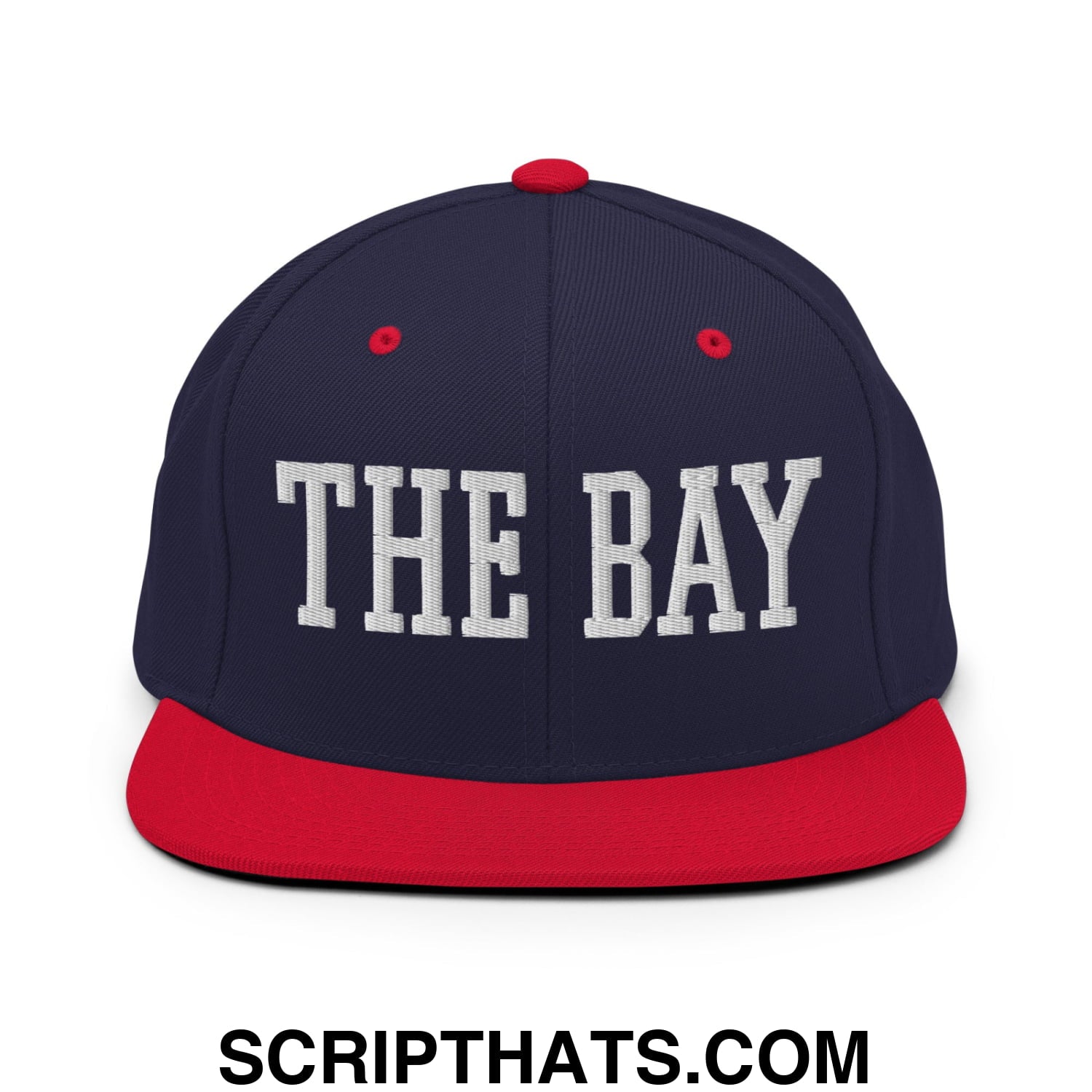 The Bay Varsity College Block Embroidered Flat Bill Brim Snapback Hat Navy Red