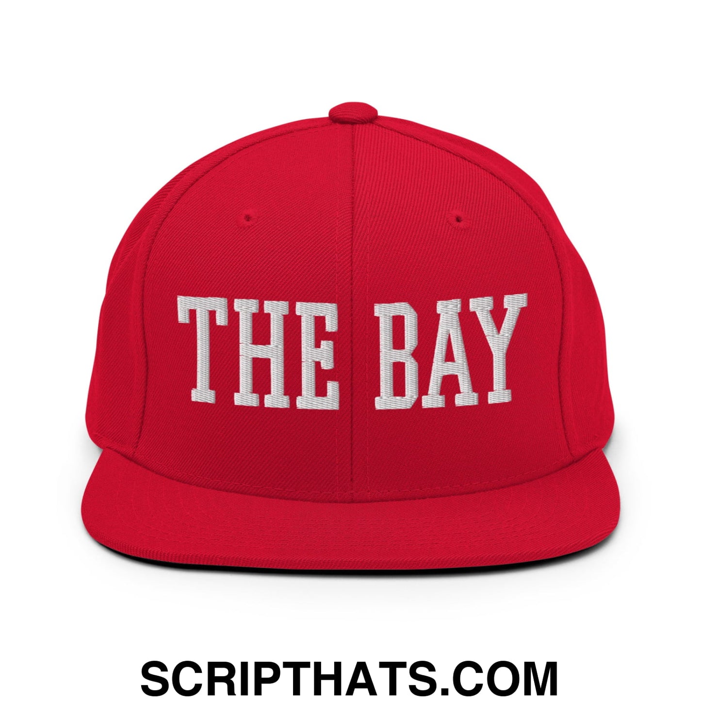 The Bay Varsity College Block Embroidered Flat Bill Brim Snapback Hat Red